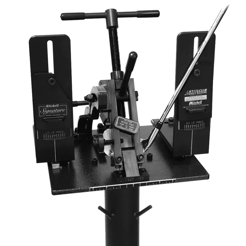 Loft and lie bending machine at the Blades Golf Repair workshop in Dallas