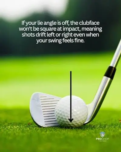 Golf iron at impact with a ball, showing how lie angle affects the strike