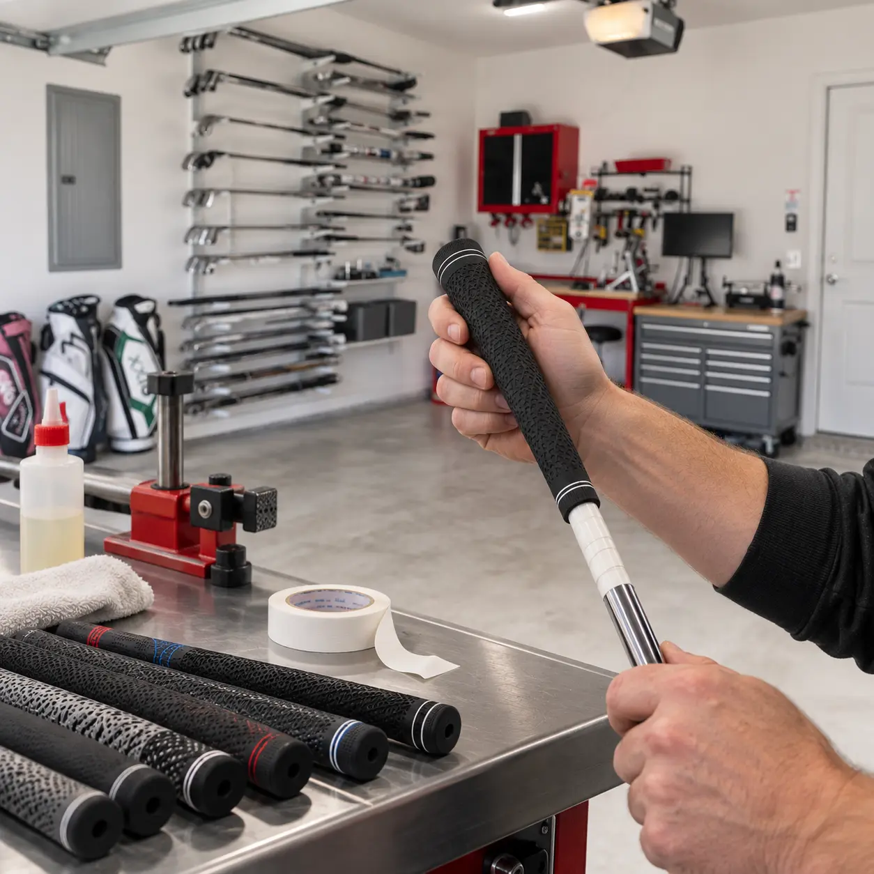 Golf club regripping at the Blades Golf Repair workshop in Dallas